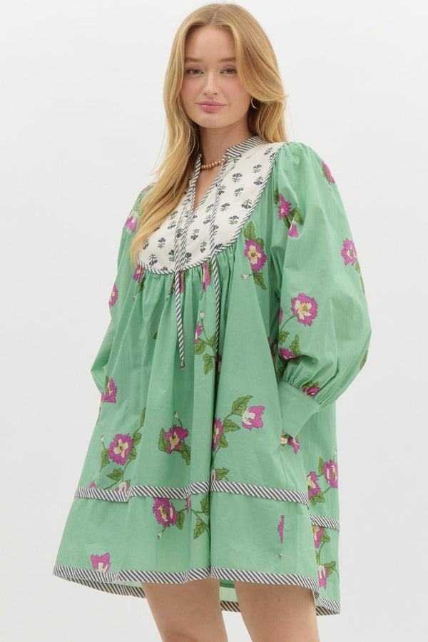 Bishop Sleeve Pullover Dress- Pistachio