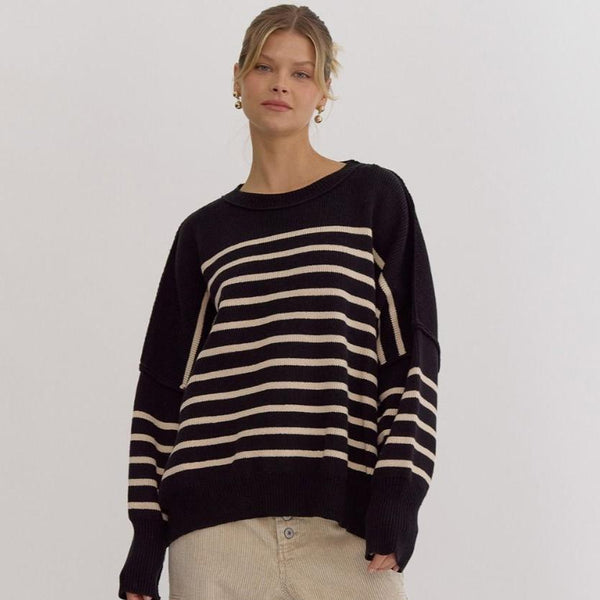 Stripe Round Neck Sweater- Black