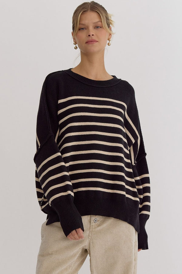 Stripe Round Neck Sweater- Black