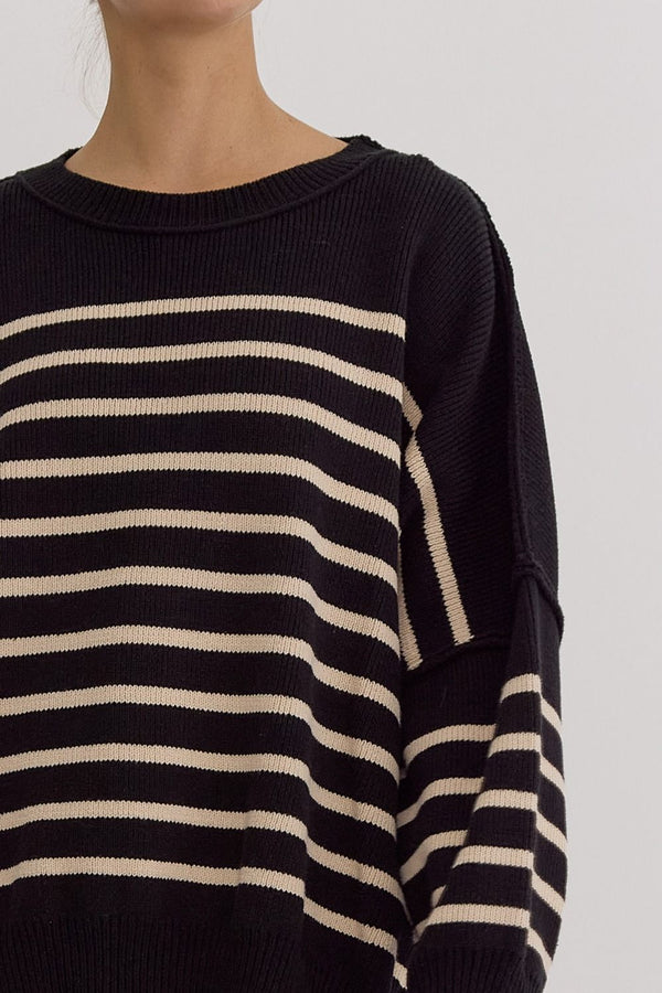 Stripe Round Neck Sweater- Black