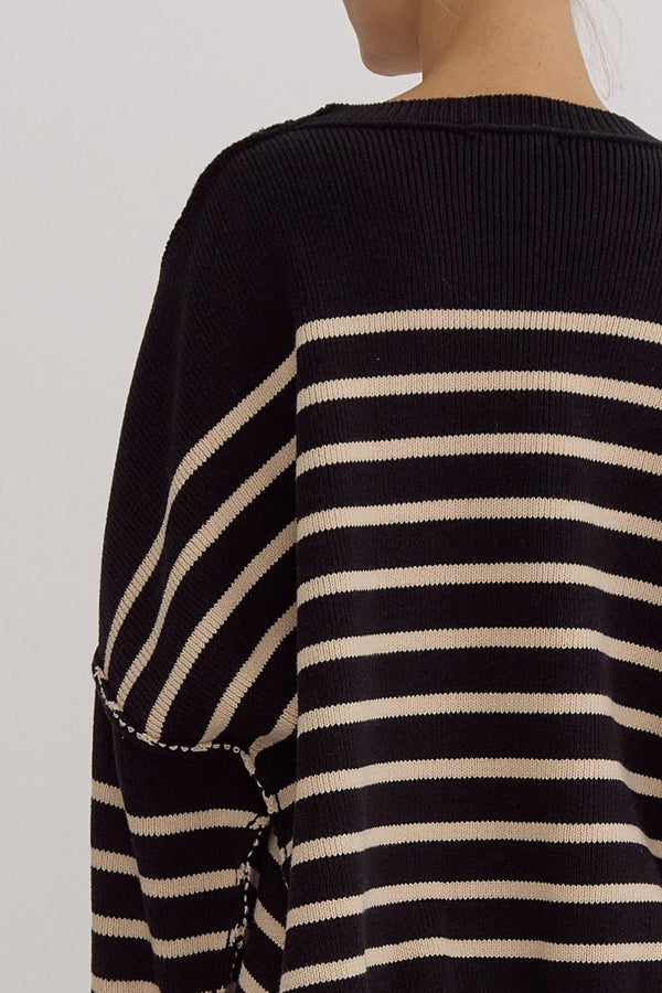 Stripe Round Neck Sweater- Black