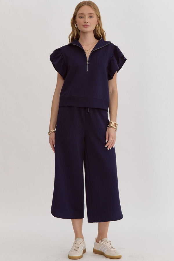 Textured Ruffle Sleeve Pants Set- Navy