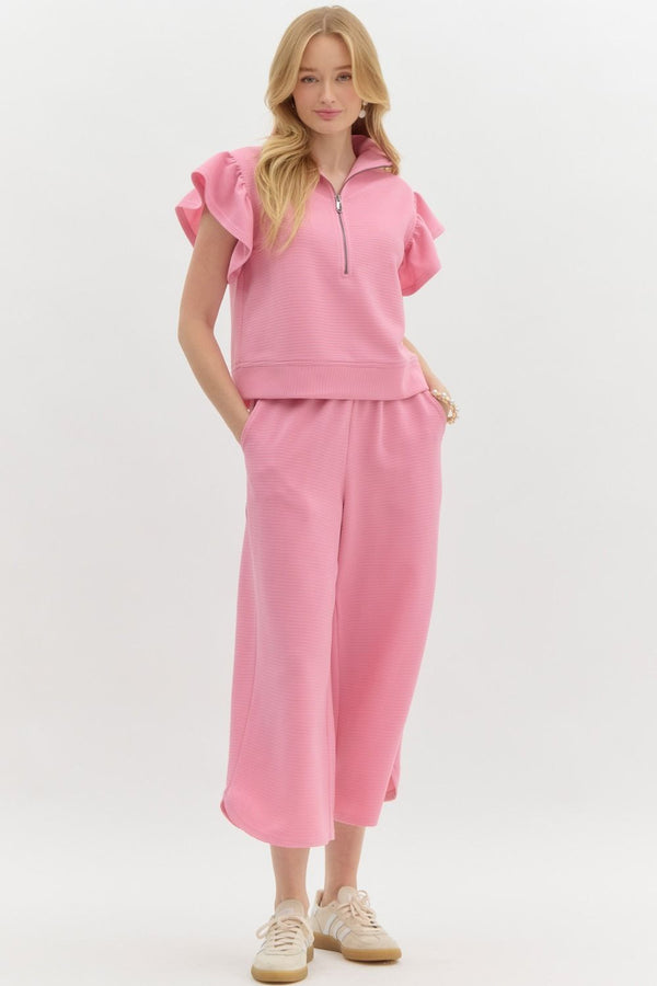 Textured Solid Ruffle Pants Set- Light Pink