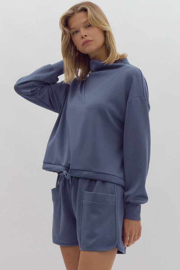 Pullover Sweater Short Set- Slate Blue