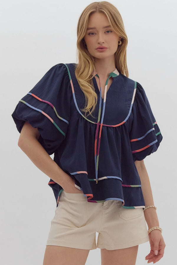 Puff Sleeve V-Neck Top- Navy