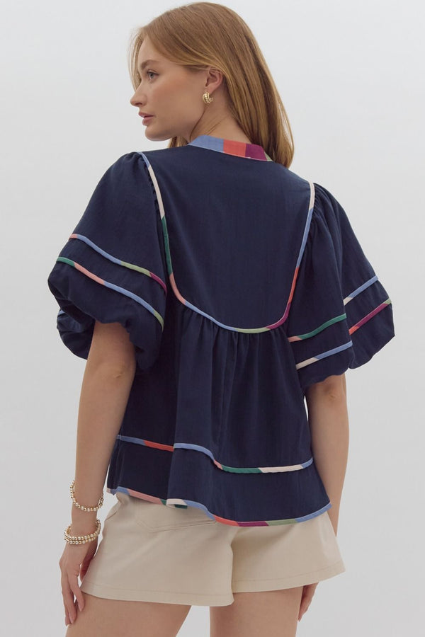 Puff Sleeve V-Neck Top- Navy