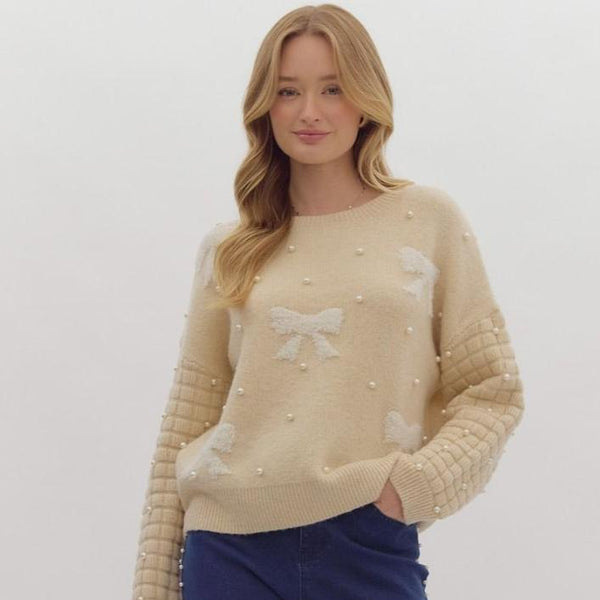 Round Neck Bow Sweater- Natural