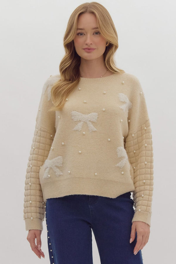 Round Neck Bow Sweater- Natural