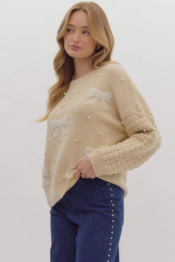 Round Neck Bow Sweater- Natural