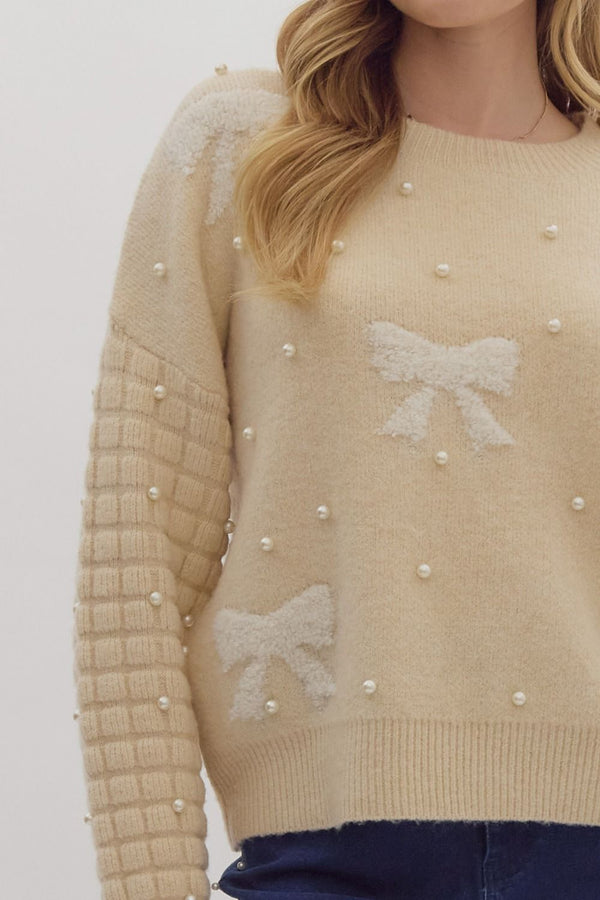 Round Neck Bow Sweater- Natural