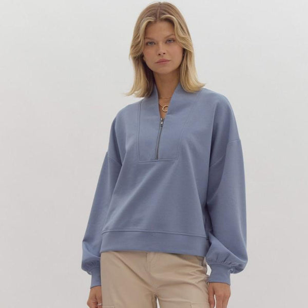 Solid Half Zip Sweater- Chambray