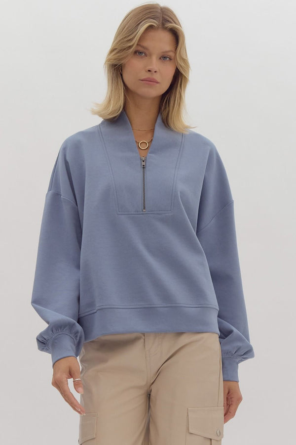 Solid Half Zip Sweater- Chambray