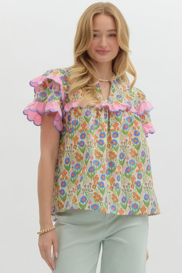 Floral Print V-neck Ruffle Pullover Top- Vanilla