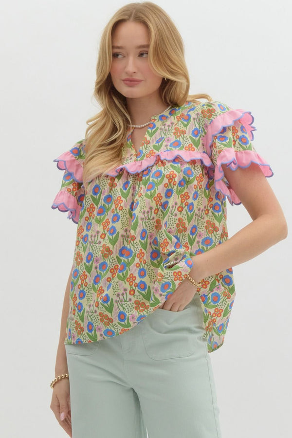 Floral Print V-neck Ruffle Pullover Top- Vanilla