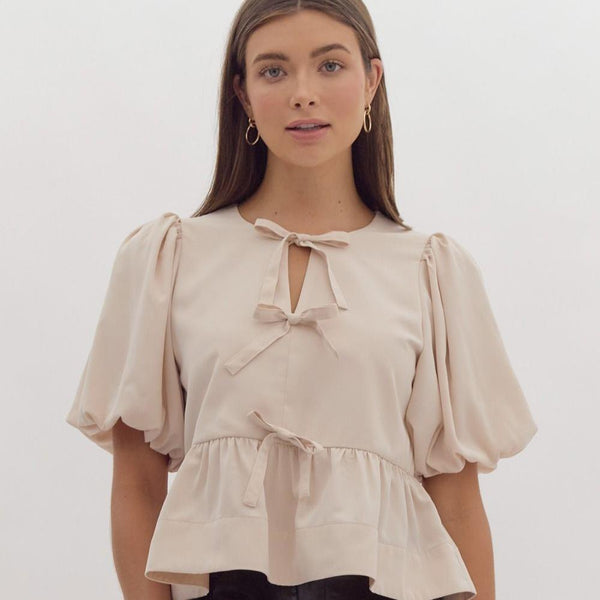 Solid Short Puff Sleeve Peplum Top- Ecru