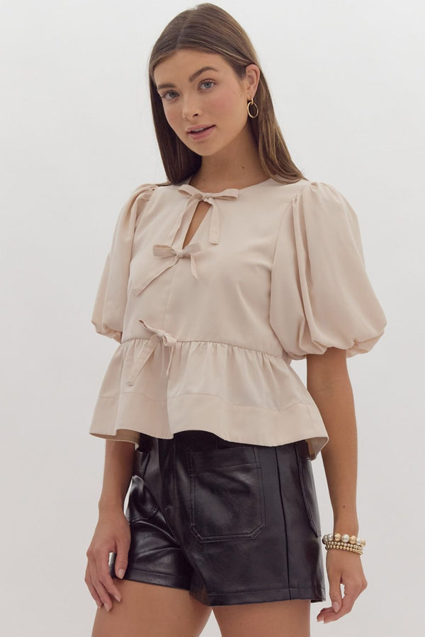 Solid Short Puff Sleeve Peplum Top- Ecru