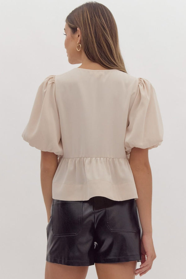 Solid Short Puff Sleeve Peplum Top- Ecru