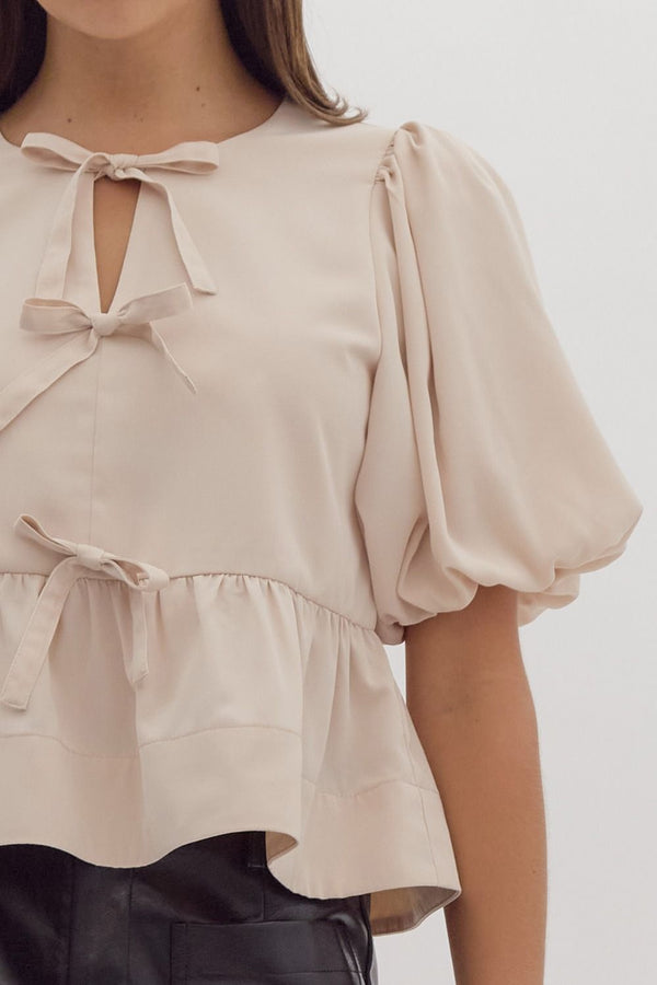 Solid Short Puff Sleeve Peplum Top- Ecru