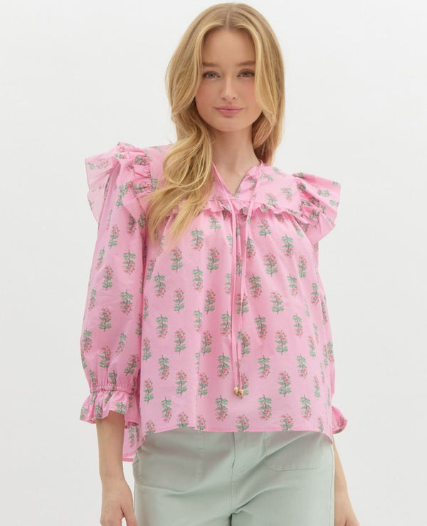 Floral Print Ruffle Puff Sleeve Pullover Top- Pink