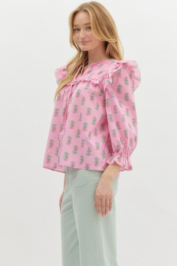 Floral Print Ruffle Puff Sleeve Pullover Top- Pink