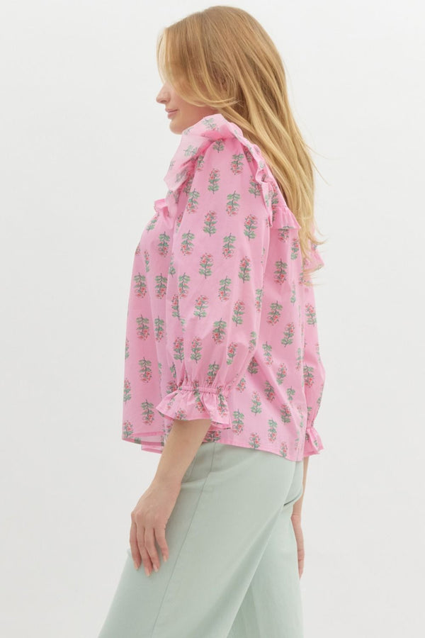 Floral Print Ruffle Puff Sleeve Pullover Top- Pink