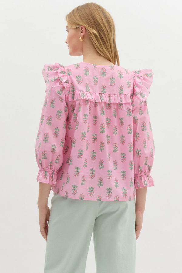 Floral Print Ruffle Puff Sleeve Pullover Top- Pink