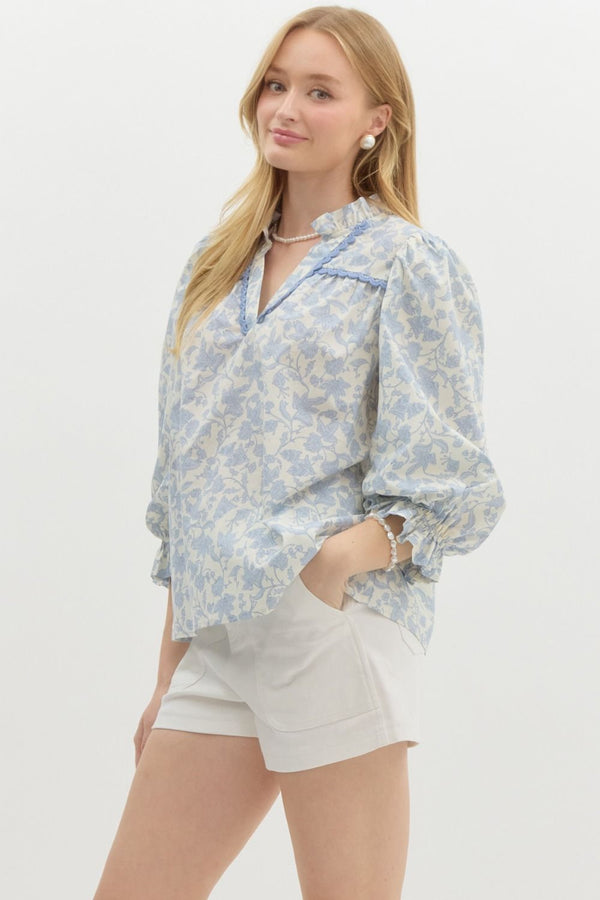 Floral Print Puff Sleeve Pullover Top- Blue