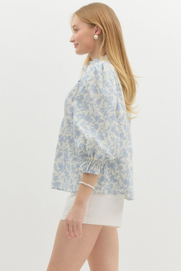 Floral Print Puff Sleeve Pullover Top- Blue