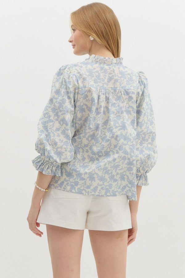 Floral Print Puff Sleeve Pullover Top- Blue