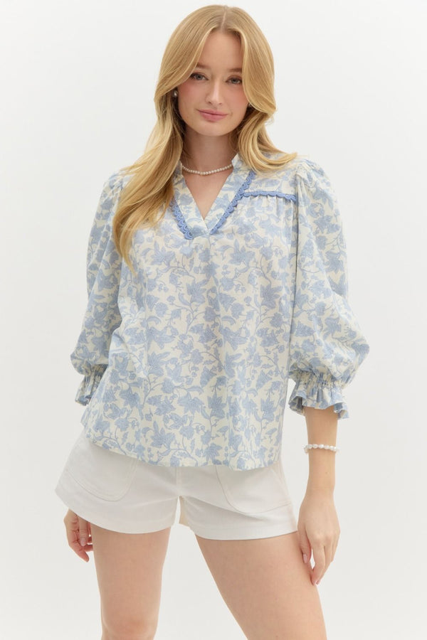 Floral Print Puff Sleeve Pullover Top- Blue