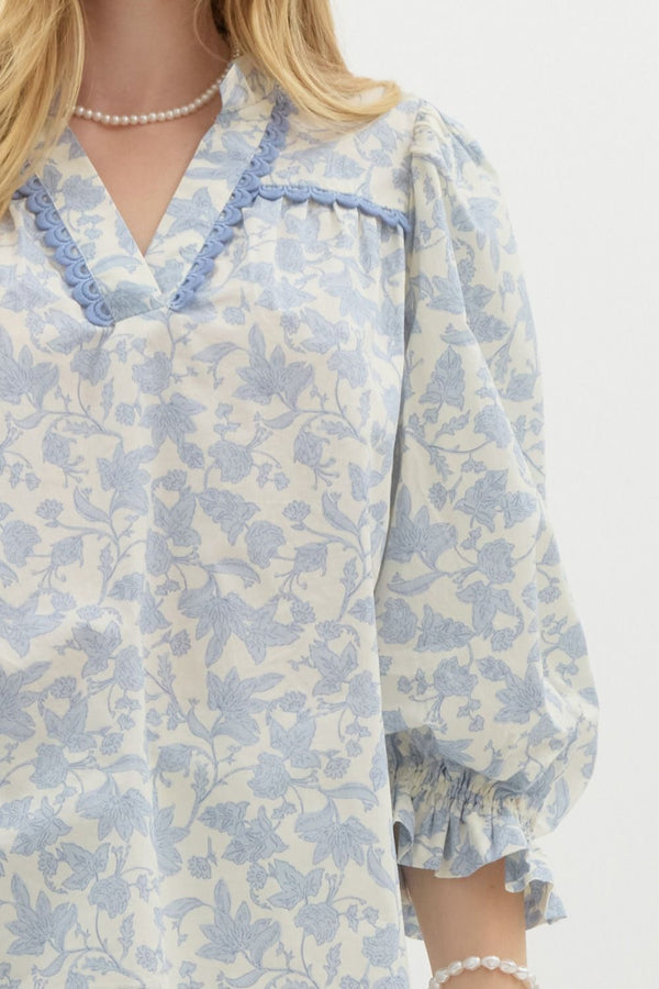 Floral Print Puff Sleeve Pullover Top- Blue