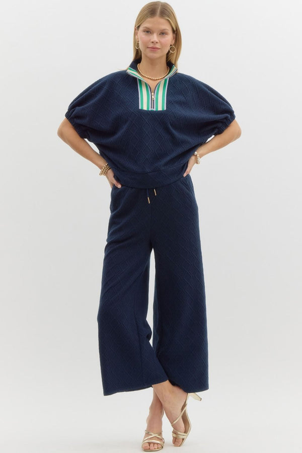 Embossed Knit Half Zip Pants Set- Navy