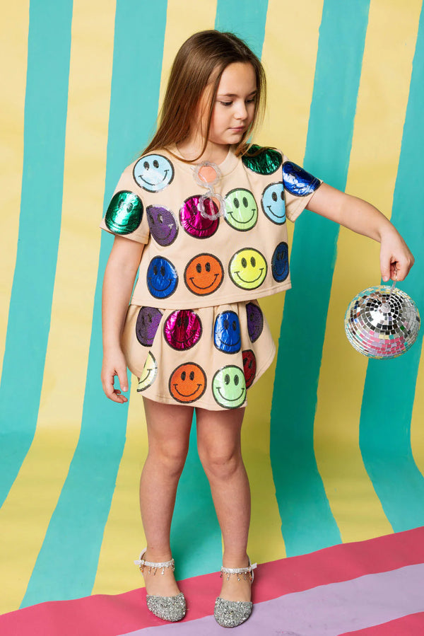 Tan & Rainbow Scattered Smiley Face Top