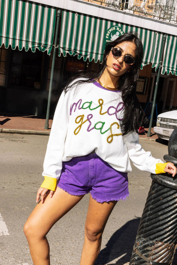 Colorblock Mardi Gras Glitter Script Sweater- White (Women's)