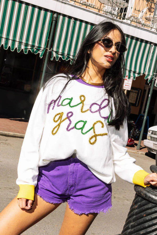 Colorblock Mardi Gras Glitter Script Sweater- White (Women's)