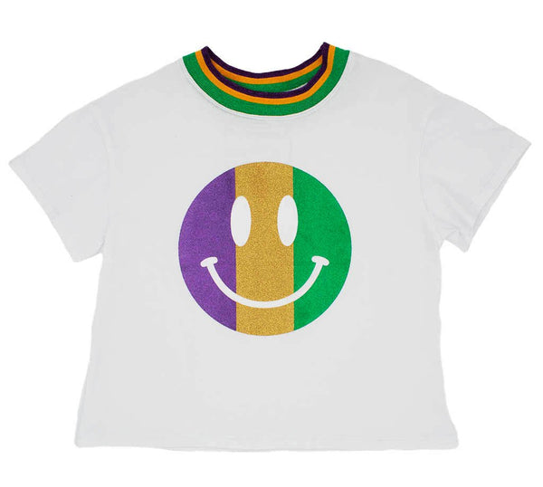 Glitter Smiley Boxy T- Mardi Gras