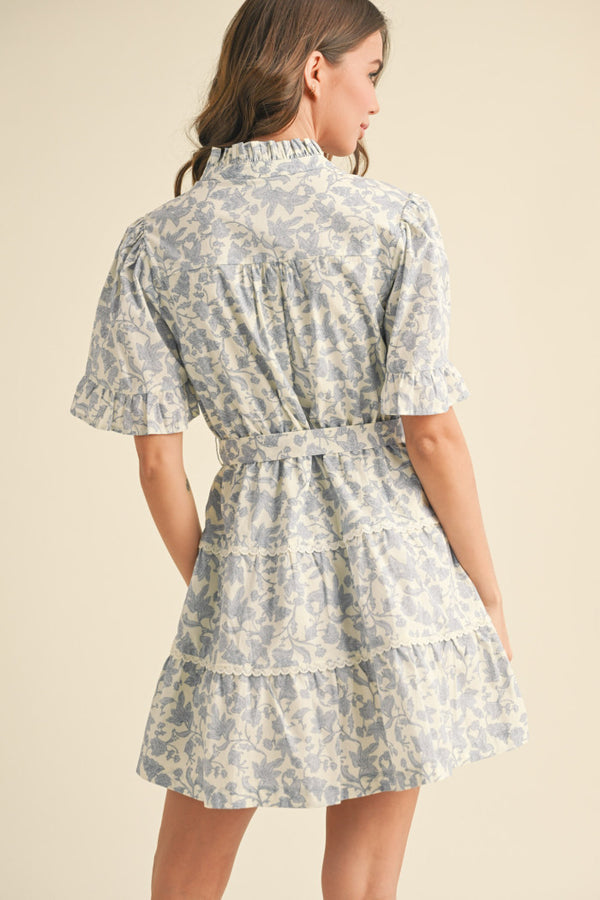 Ivory Blue Floral Ruffle Dress