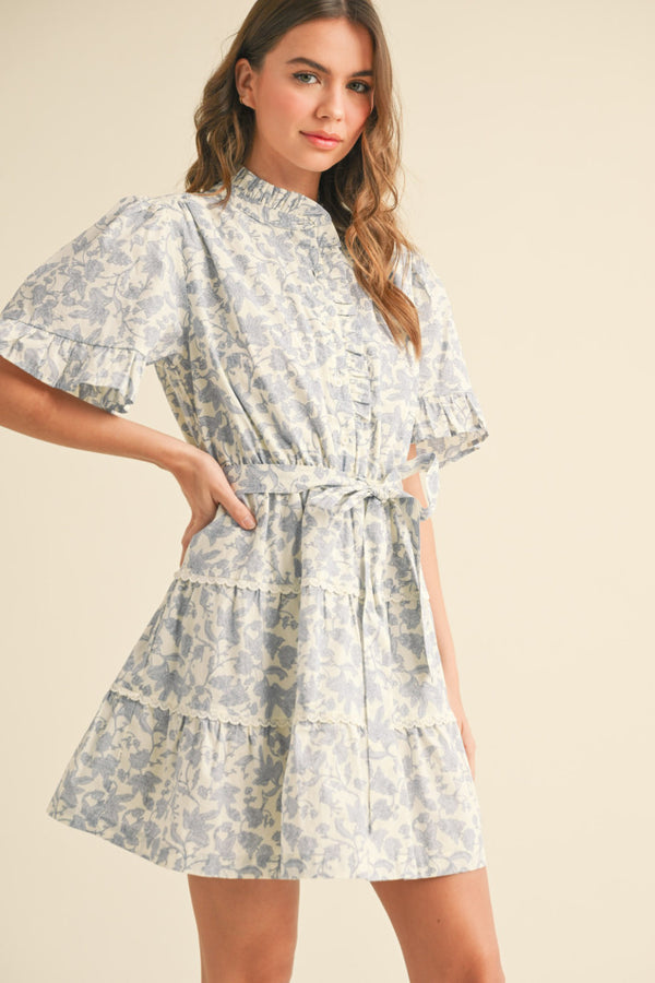 Ivory Blue Floral Ruffle Dress