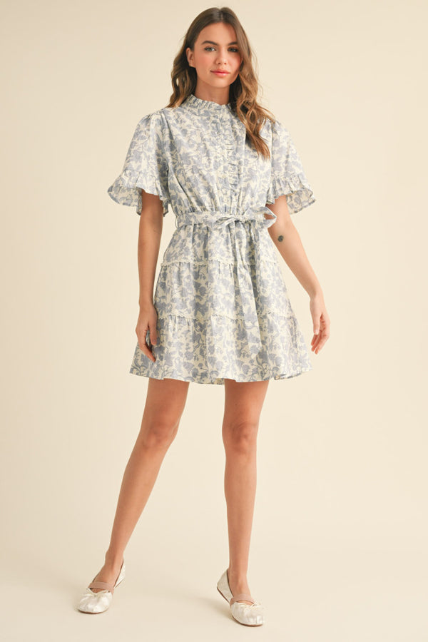 Ivory Blue Floral Ruffle Dress