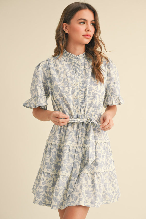 Ivory Blue Floral Ruffle Dress