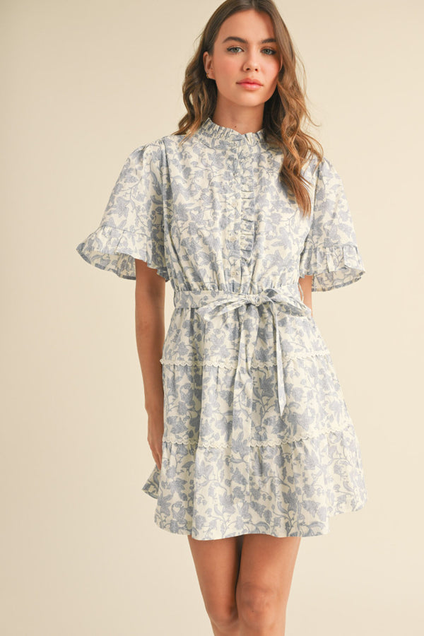 Ivory Blue Floral Ruffle Dress