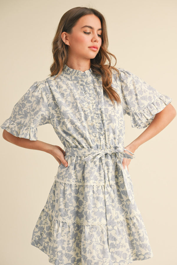 Ivory Blue Floral Ruffle Dress