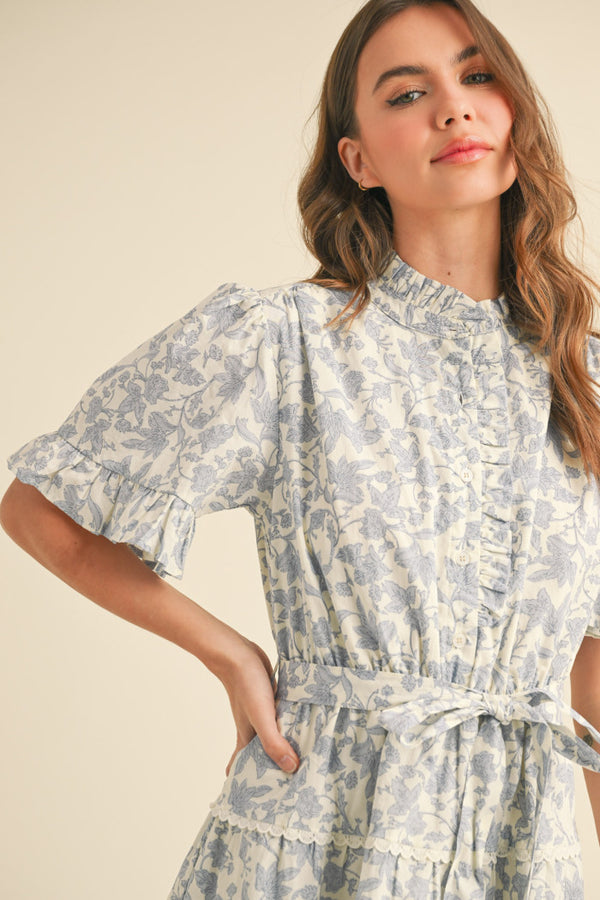 Ivory Blue Floral Ruffle Dress