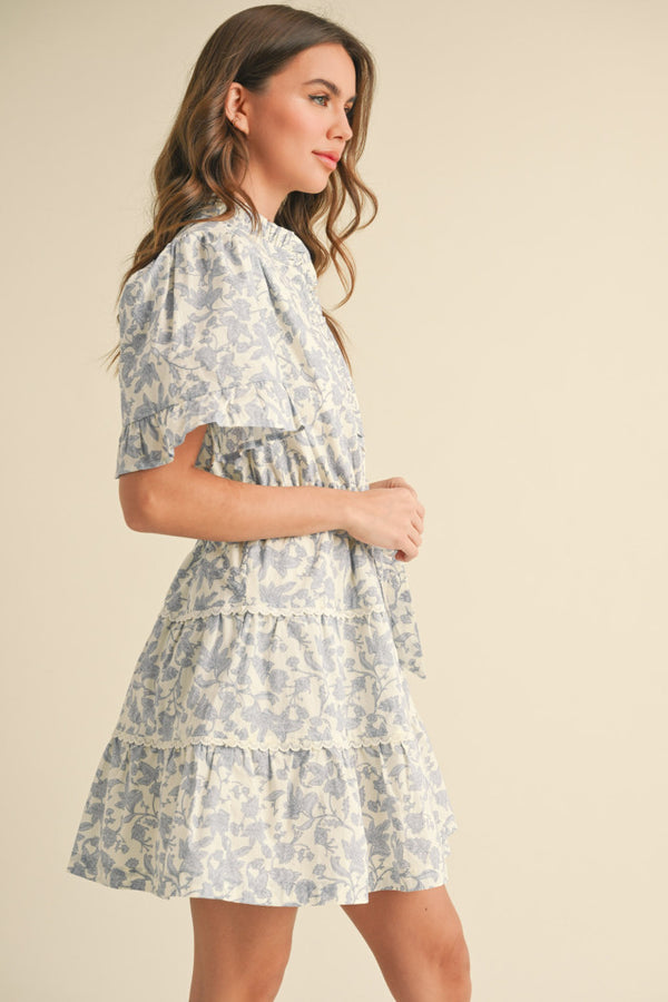 Ivory Blue Floral Ruffle Dress