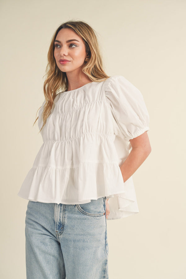 Tiered Shirring Puff Sleeve Top