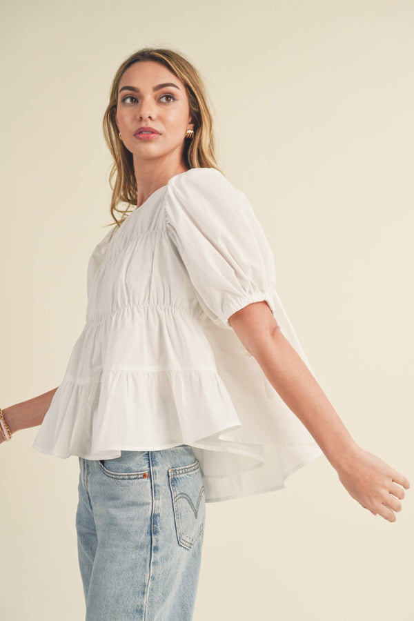 Tiered Shirring Puff Sleeve Top