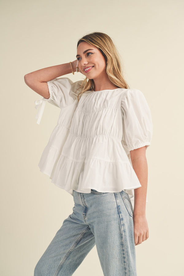 Tiered Shirring Puff Sleeve Top