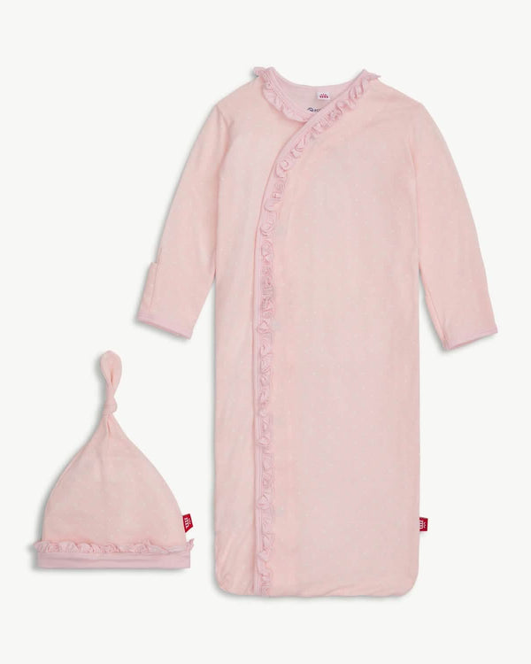 Pin Dot Pink Ruffle Placket Gown W/ Hat