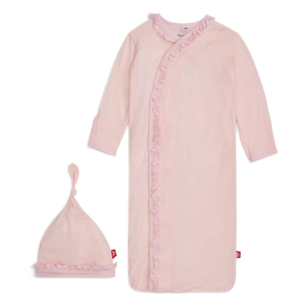 Pin Dot Pink Ruffle Placket Gown W/ Hat