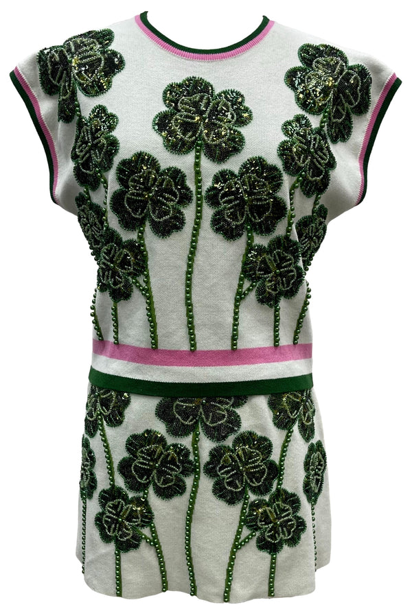 Green & Pink Stripe Trim Beaded Shamrock Top- (Women's)